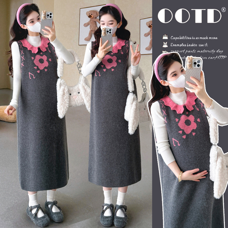 孕妇套装2026秋冬新款韩版时尚甜美减龄音符马甲裙软糯打底孕妇装