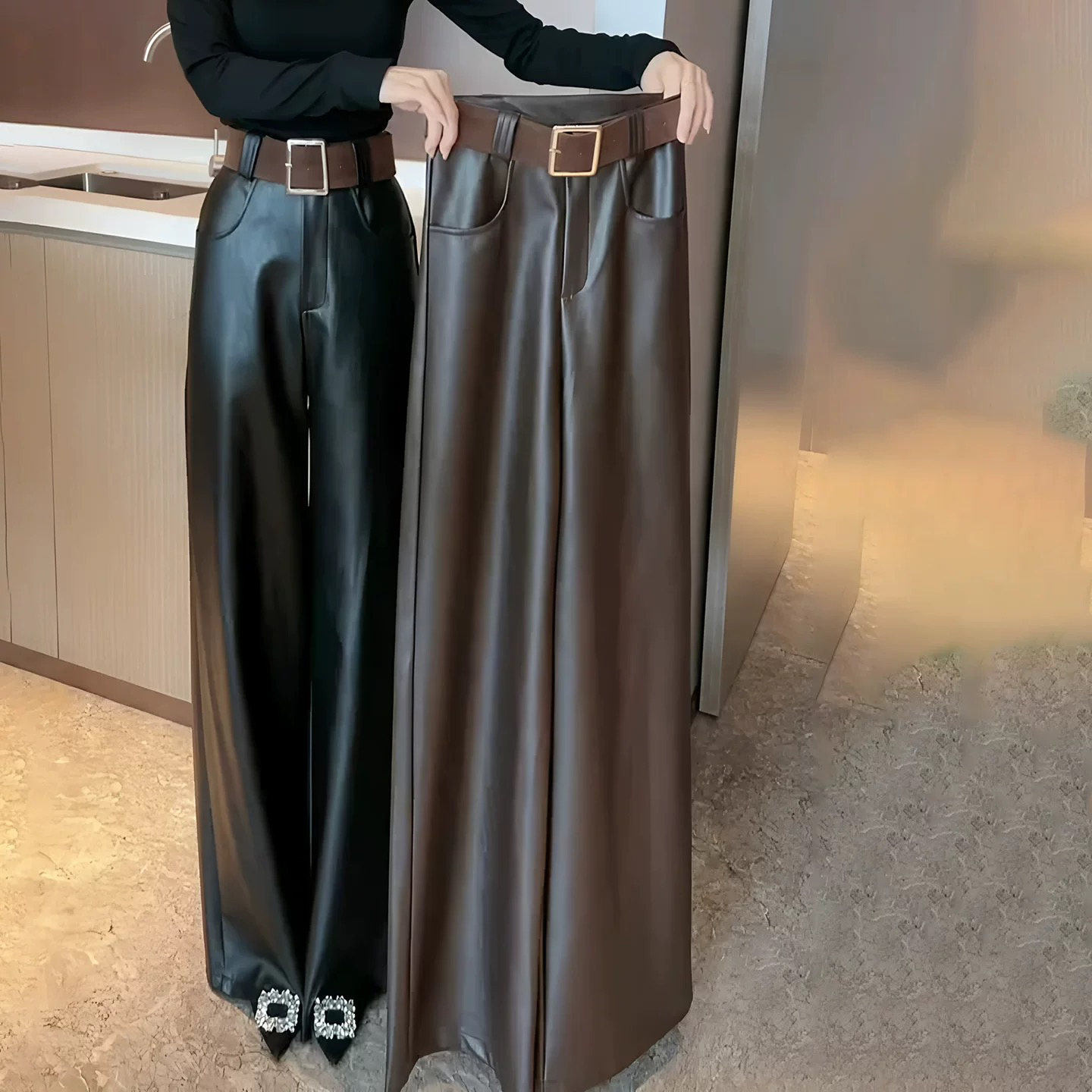 【加磨毛] 时髦建模拖地松弛宽松pu休闲皮裤冬季