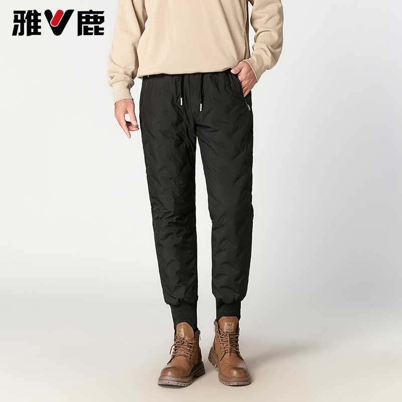 雅鹿男装2025冬男鸭绒裤外穿松紧腰加厚保暖束脚裤中老年棉裤