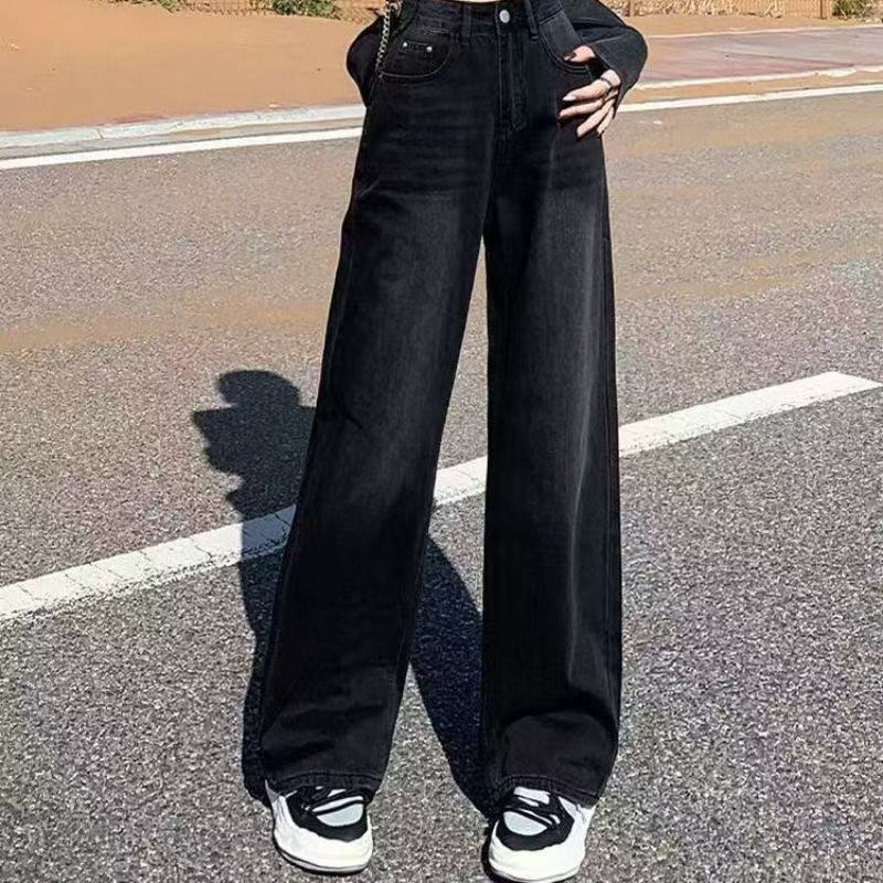 1水洗黑灰色阔腿牛仔裤女春夏新款直筒宽松显瘦高腰百搭垂感裤