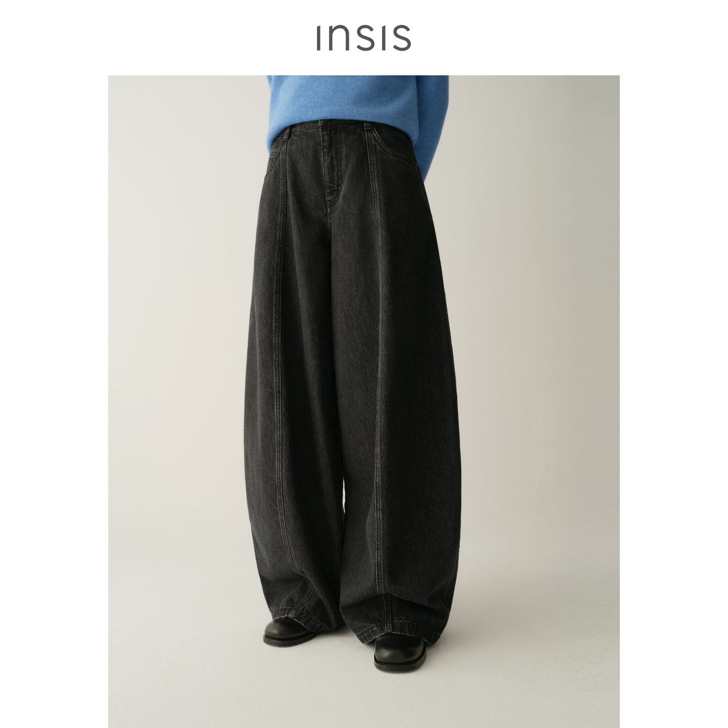 INSIS FEMME纯棉牛仔2025秋新款复古简约气球感阔腿长裤牛仔裤女