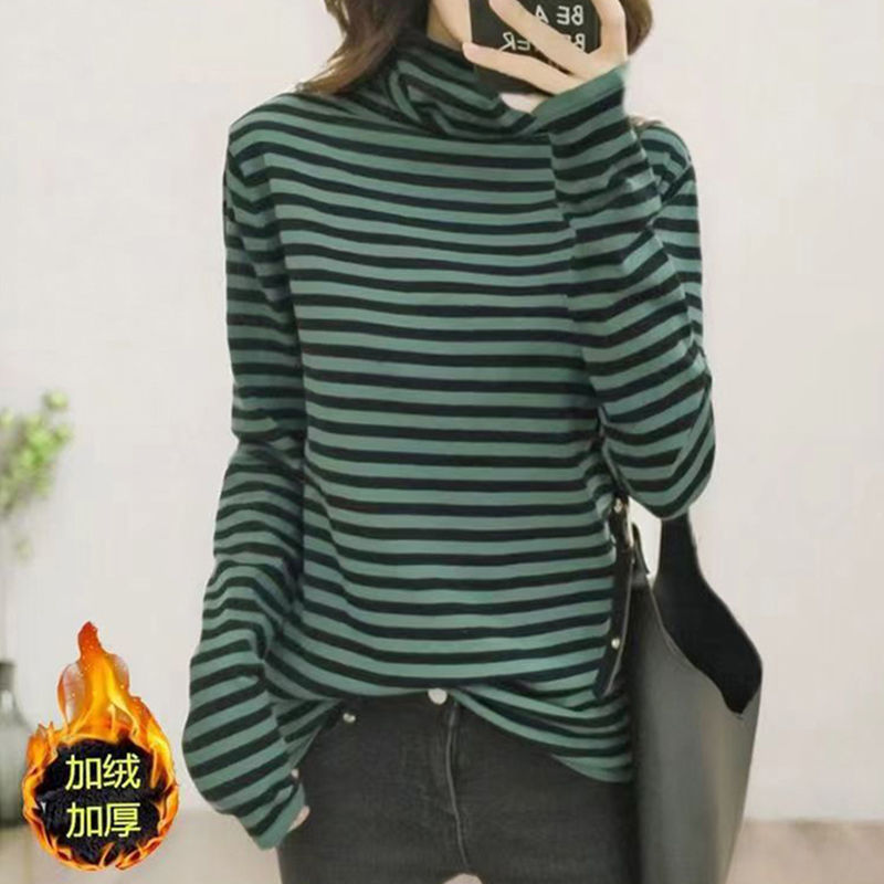复古潮流条纹亲肤加绒保暖高领长袖卫衣休闲百搭洋气减龄冬季上衣