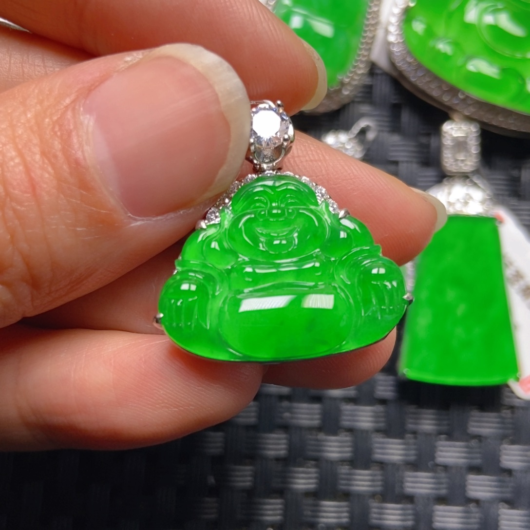 马***胎翡翠银S925镶嵌颈饰佛公吊坠