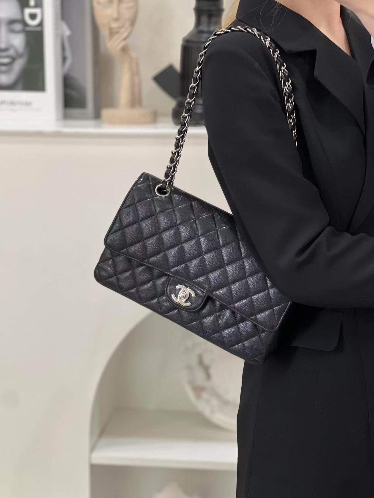 99新 Chanel/香奈儿 cf中号黑银荔枝牛单肩斜挎包/公价无/甄选