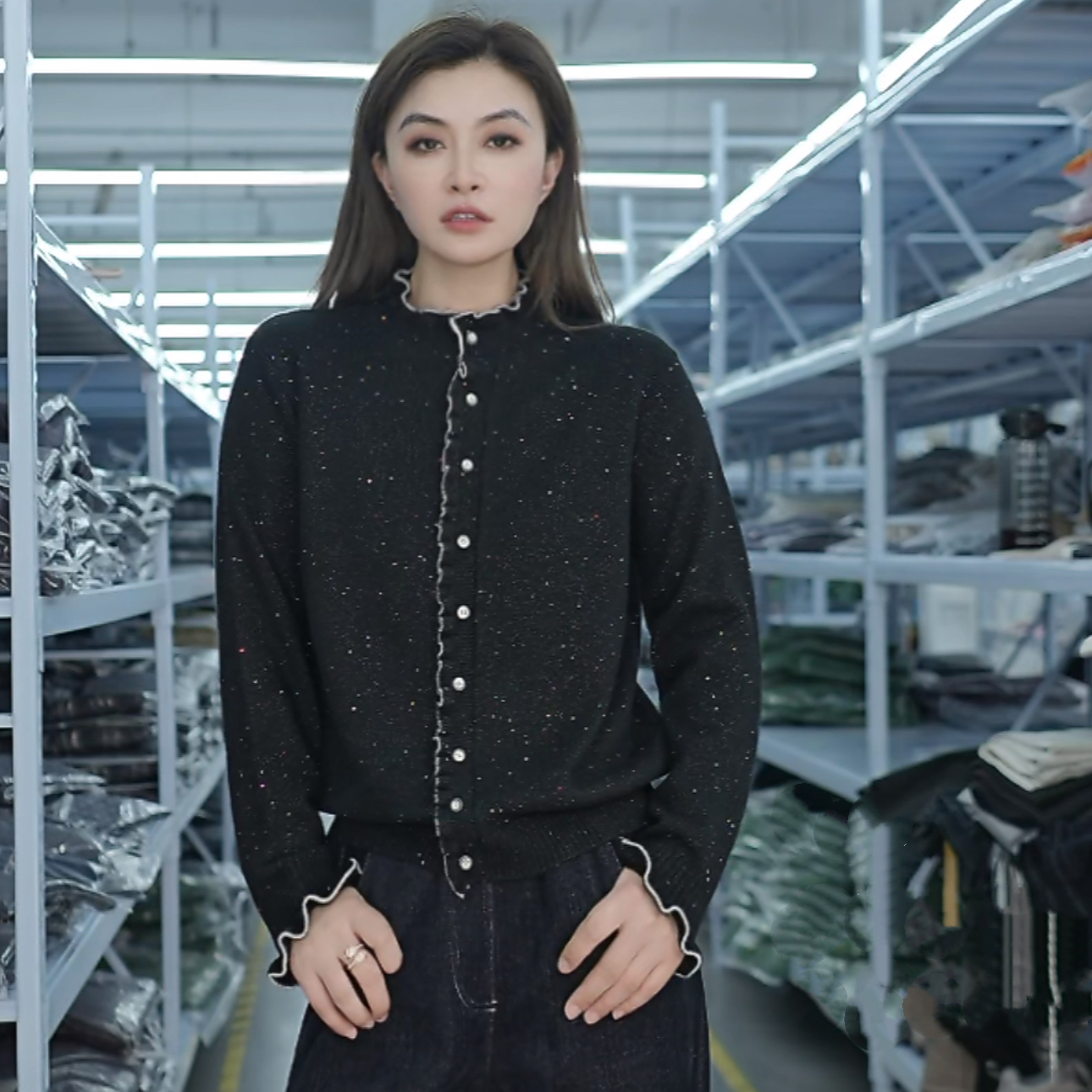 【思思精选】领针织高领长袖百搭气质时尚星空亮片针织开衫B064#