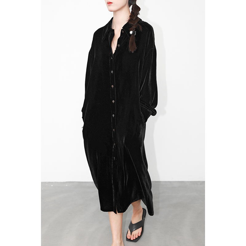 JUZININE原创设计真丝绒衬衫裙桑蚕丝长款宽松长裙落肩长袖连衣裙