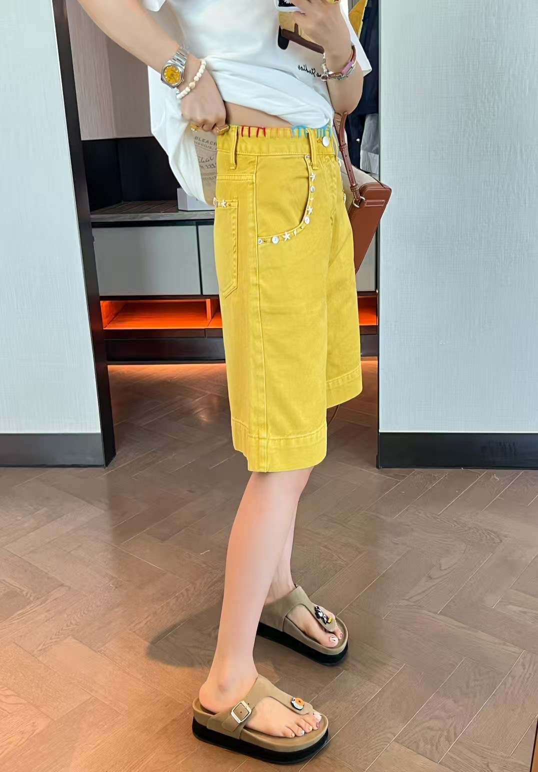 4875#深圳BOHAN秀秀家2025夏季新款黄色牛仔短裤薄料