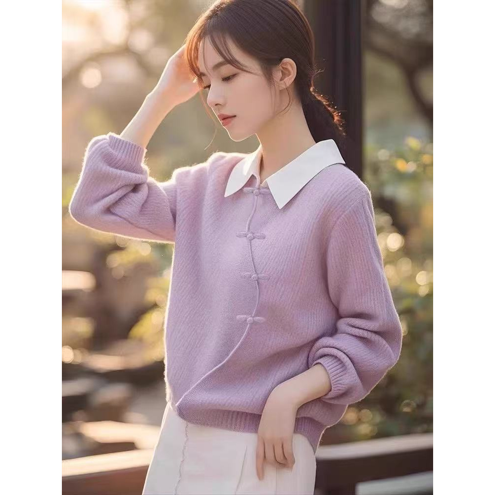 复古盘扣紫色女秋冬新款高级感Polo领长袖外套新中式国风上衣