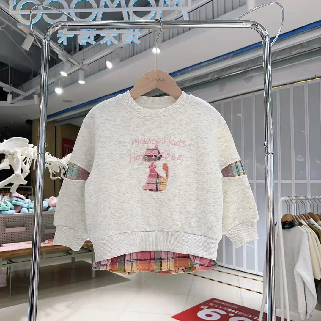 MOMOCO女童冬季加绒卡通猫咪假两件格子拼接圆领卫衣77830232033