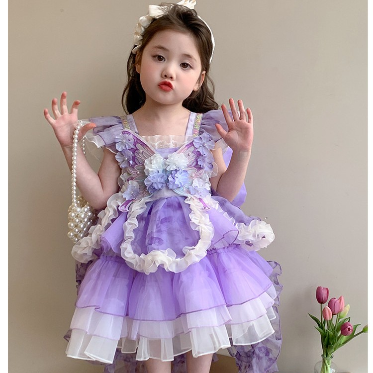 卡通动漫女童礼服吊带短袖幼儿女连衣裙纱裙拼色夏季