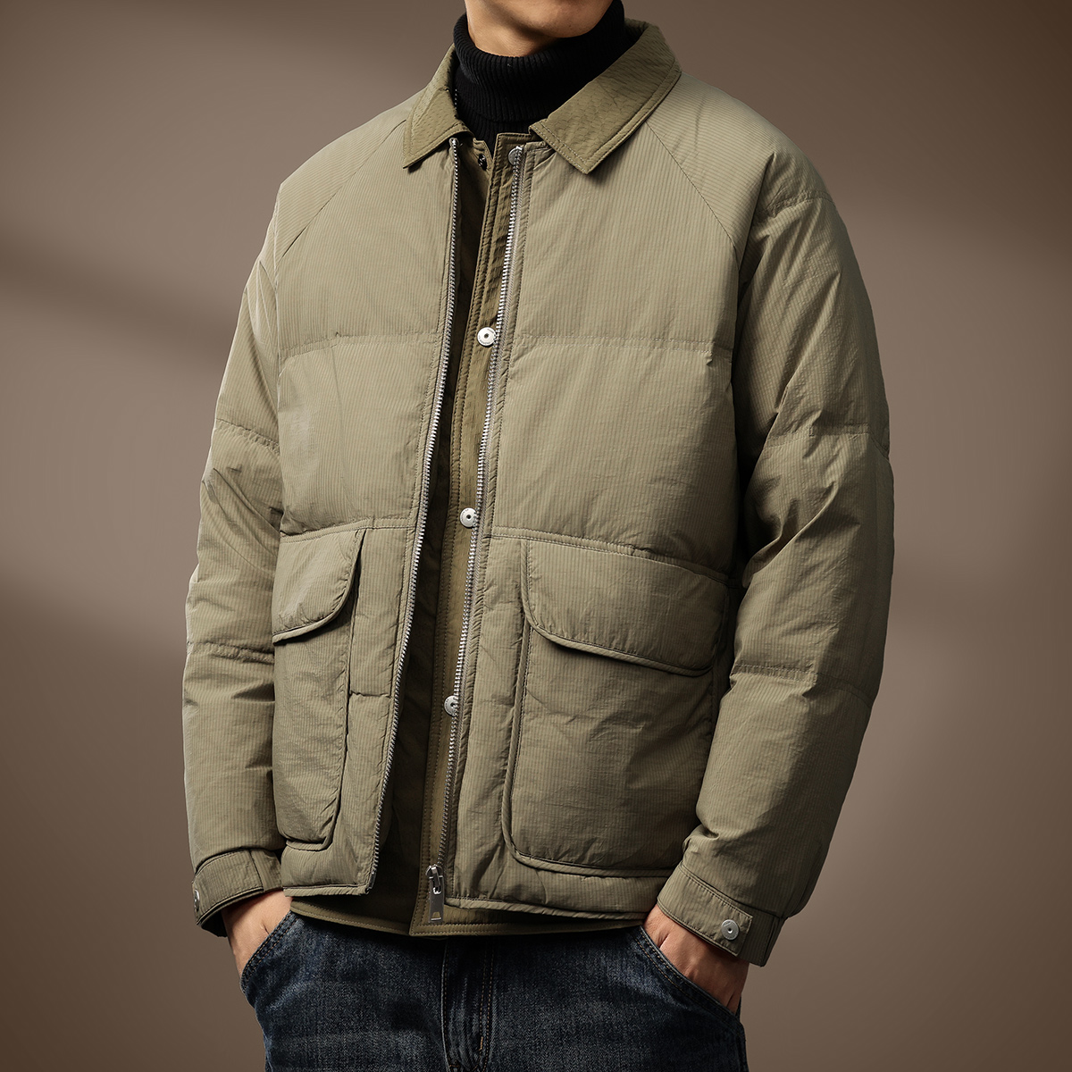 潮牌美式保暖翻领衬衫羽绒服男冬季新款高端假两件休闲复古外套