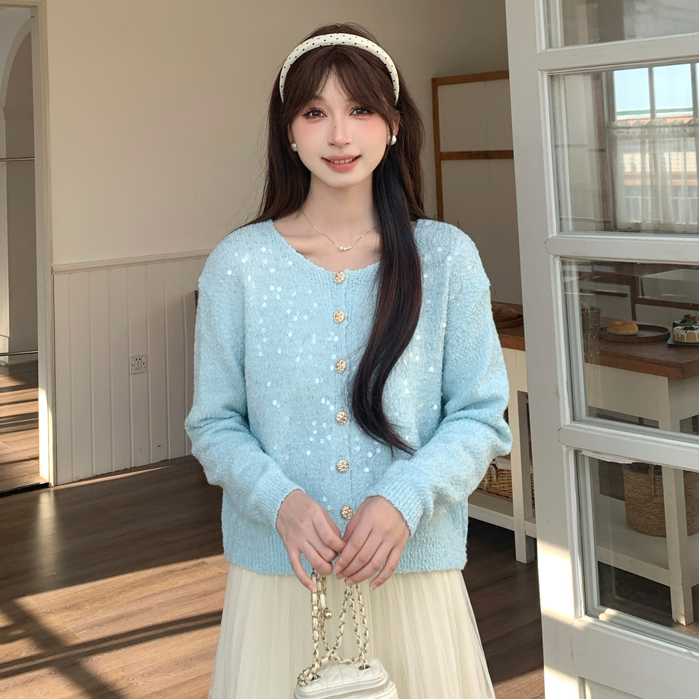 温柔风亮片长袖毛衣开衫女宽松休闲针织上衣TU28728