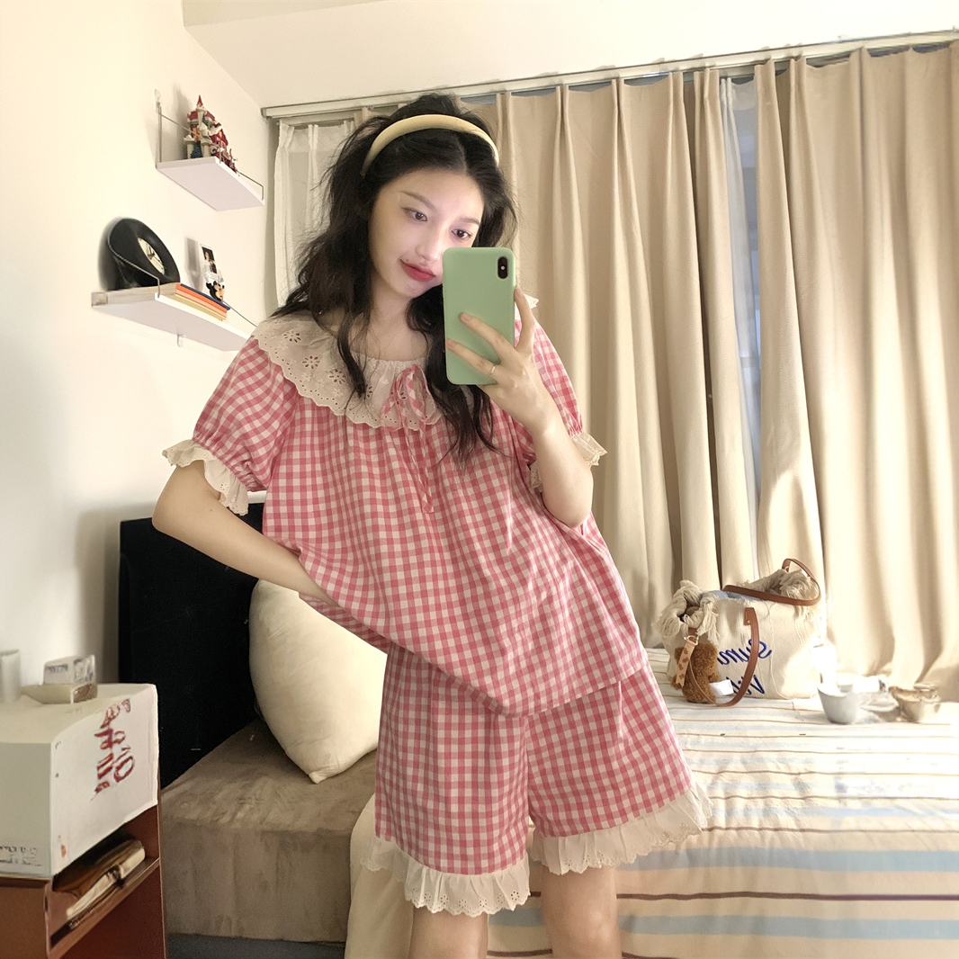 8006 新款韩版宽松圆领花边短袖短裤睡衣套装 女