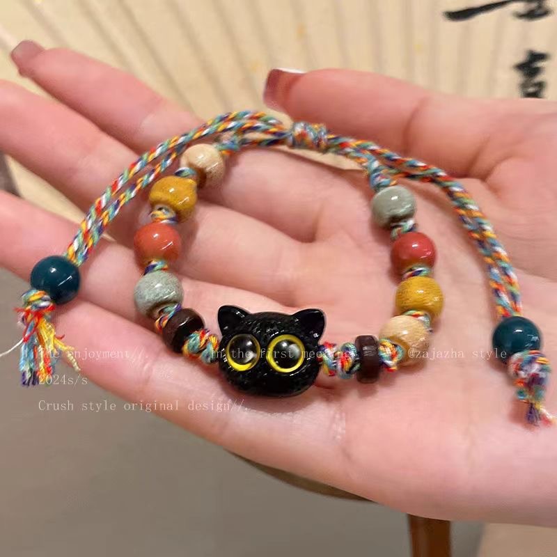 合成金属亚克力手链 彩色玻璃猫咪编织绳手链ins复古风小众高级感