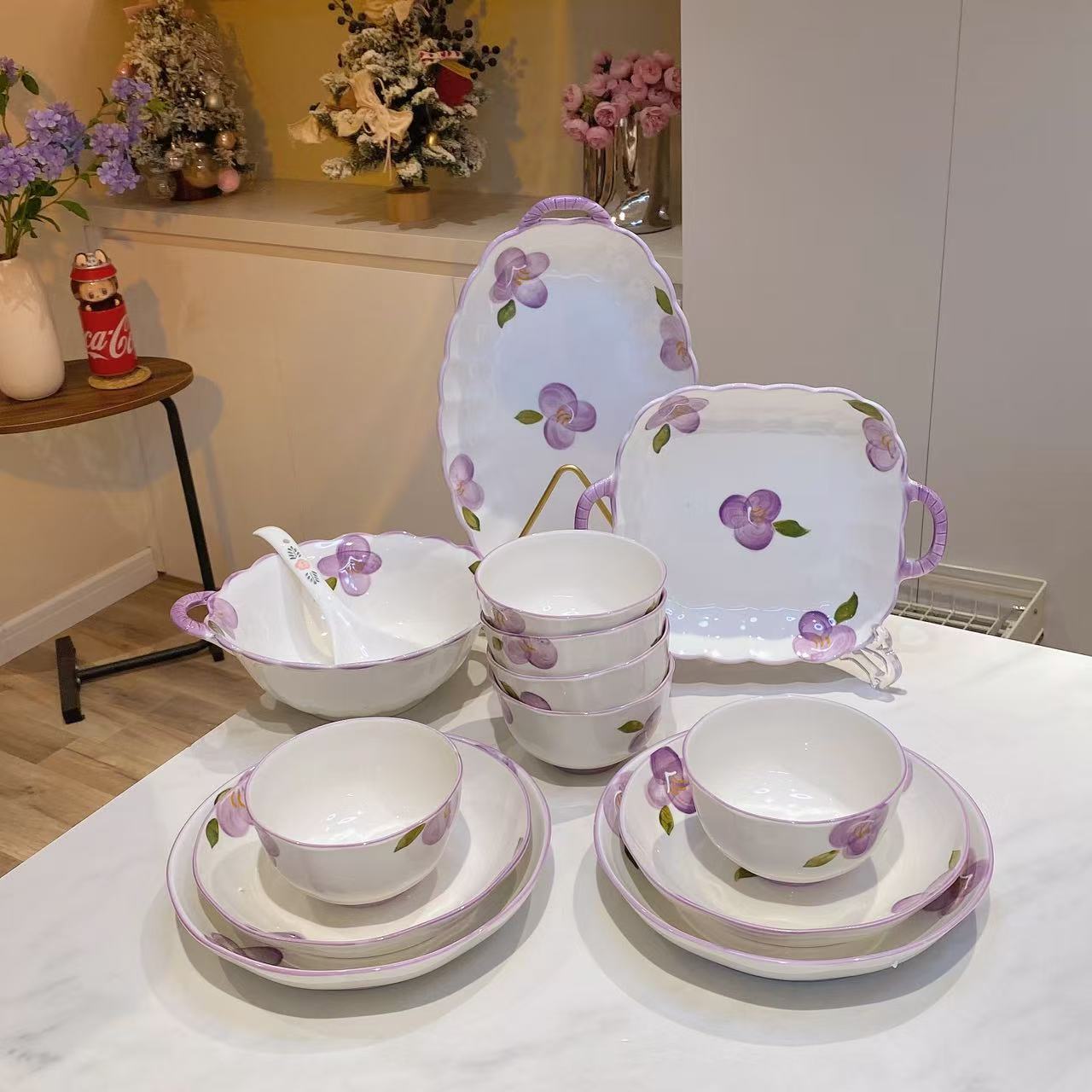 伴花时光14件套高颜值陶瓷碗盘米饭碗陶瓷双耳汤碗餐盘大套装