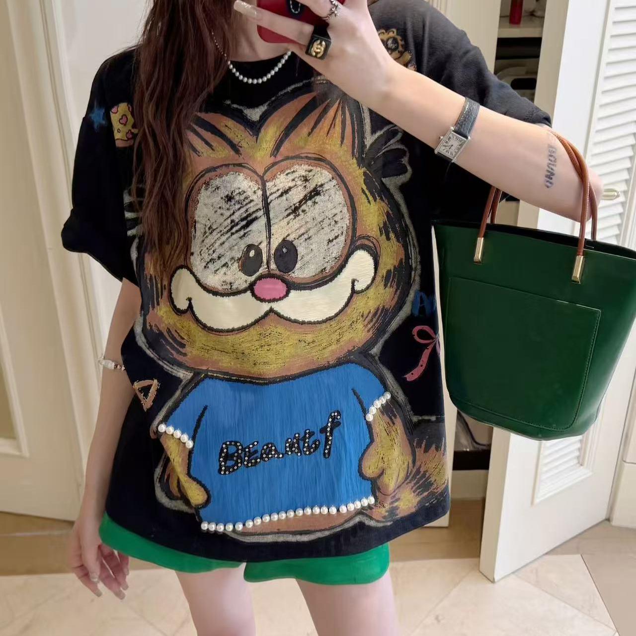 9715女款珍珠加菲猫休闲百搭短袖T恤