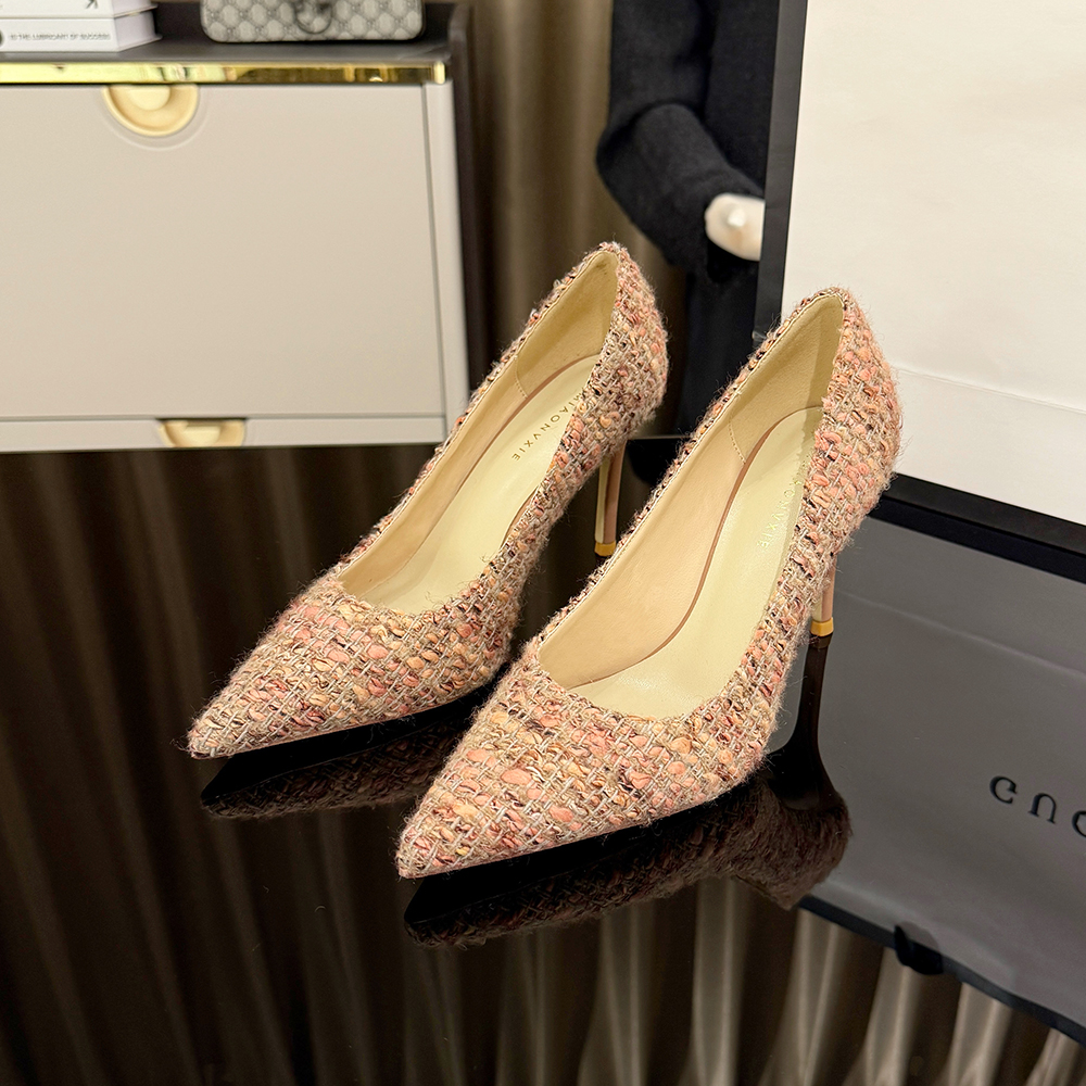 【VIMIAONVXIE】橘粉真皮高跟鞋女细跟尖头名媛气质小香风单鞋