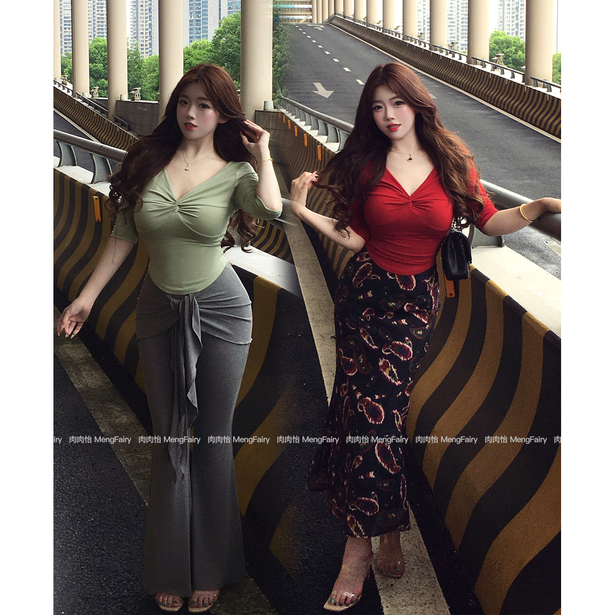 萌面侠肉肉怡 现货【勾勒好身材】港风修身T恤百搭长裤花色半裙6573