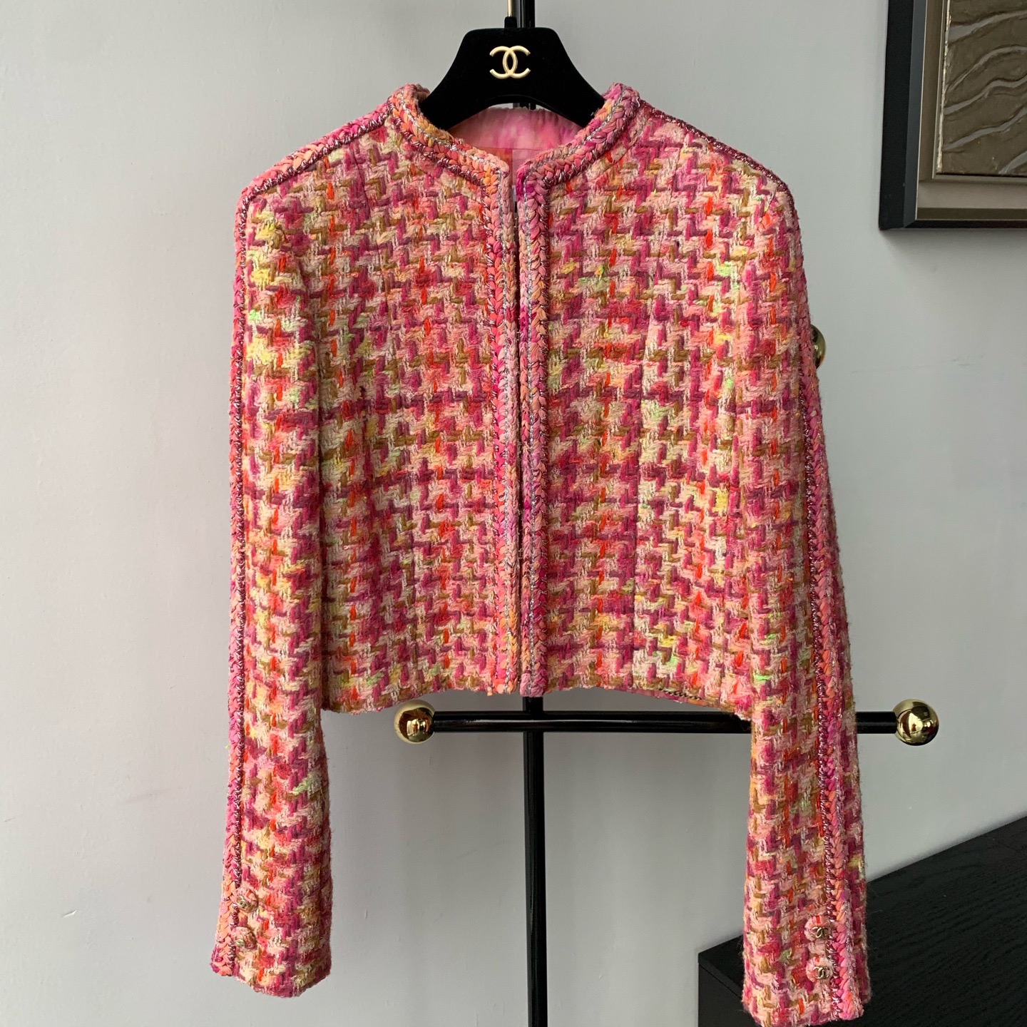 99新 Chanel/香奈儿 Chanel20A粉色系粗花呢千鸟格渲染外套 38码 