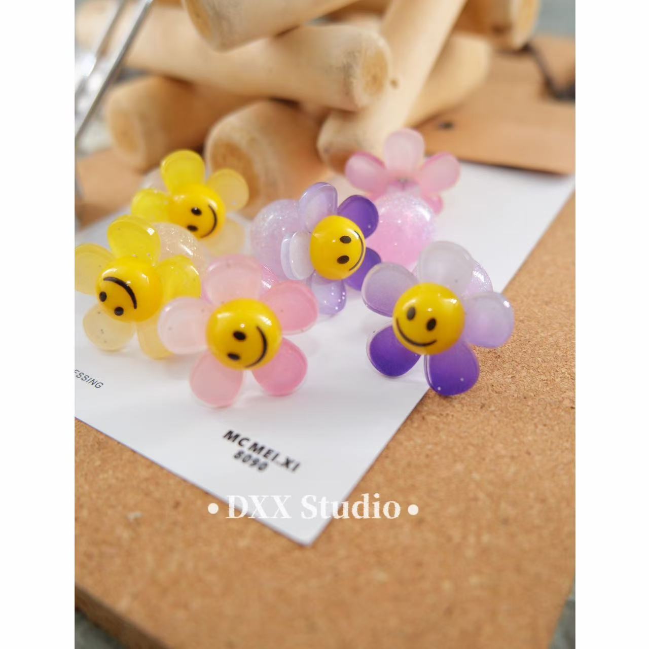 铜合金亚克力耳饰 小众设计花朵笑脸百搭六只一套耳饰45516