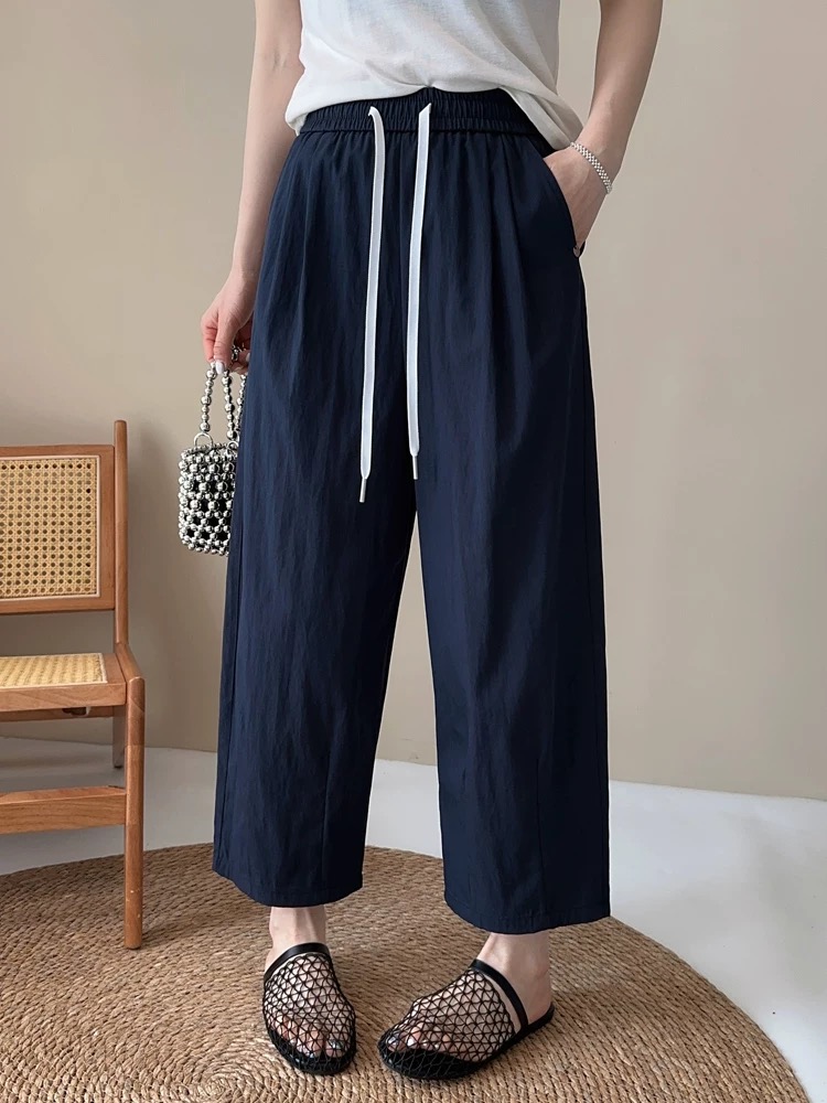 夏季薄款宽松休闲裤松紧腰九分裤女