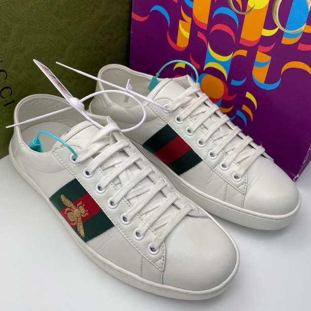 95新 GUCCI/古驰 40.5码/男士白色蜜蜂两穿休闲时尚织带板鞋