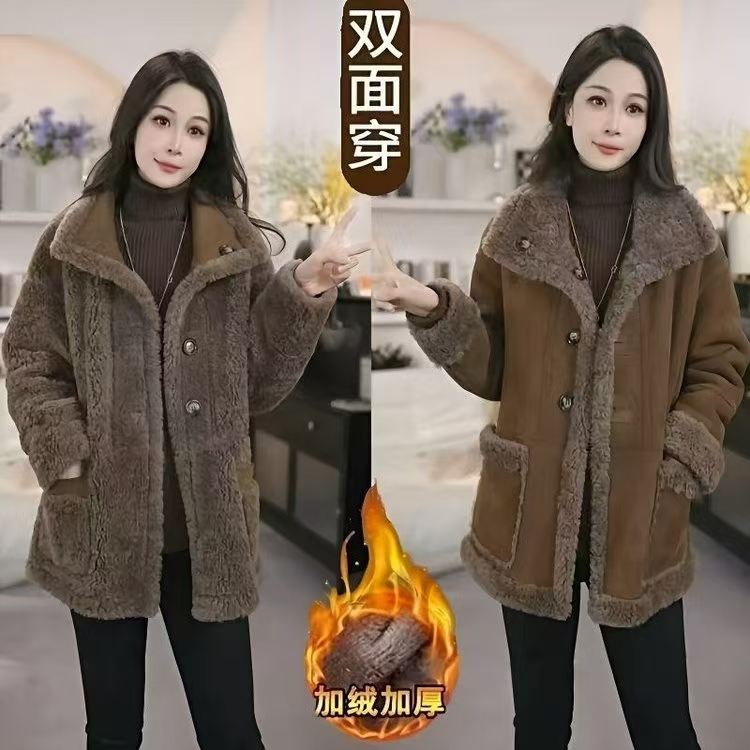 人造皮草 加绒加厚中长款棉服外套女时尚冬装气质保暖女士开衫