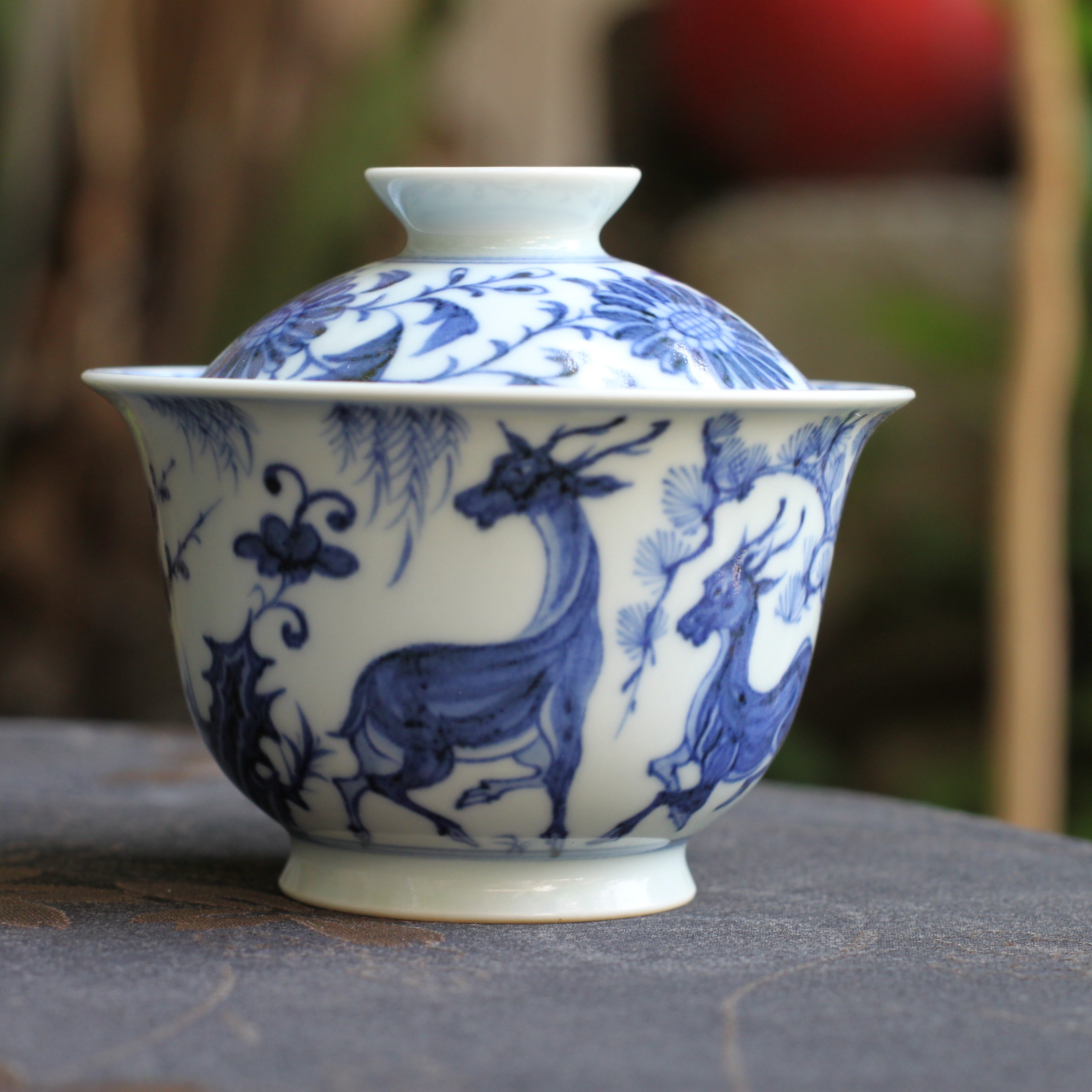 兰亭墨色元青花松鹿纹两才盖碗纯手工