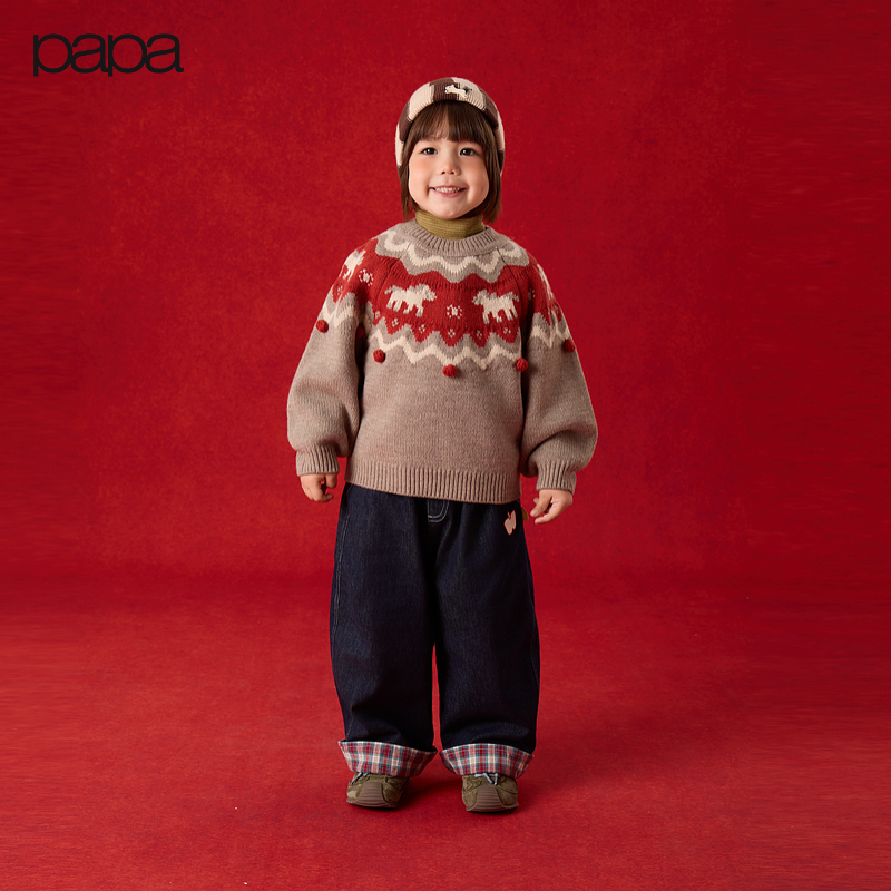 【新年】papa爬爬冬季儿童毛衣男女童加厚保暖柔软羊毛衫圣诞内搭