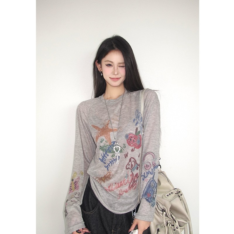 美式复古涂鸦印花长袖罩衫女夏季轻薄灰色慵懒风防晒上衣宽松休闲