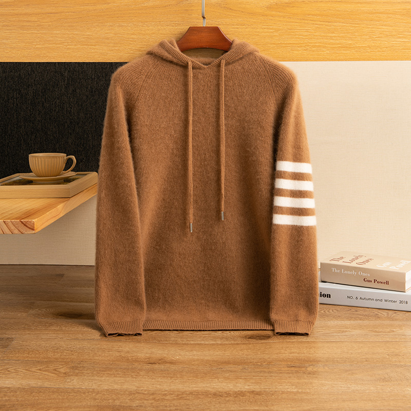 秋冬新款男士100%纯山羊绒带帽元宝针加厚拼色长袖条纹策品706