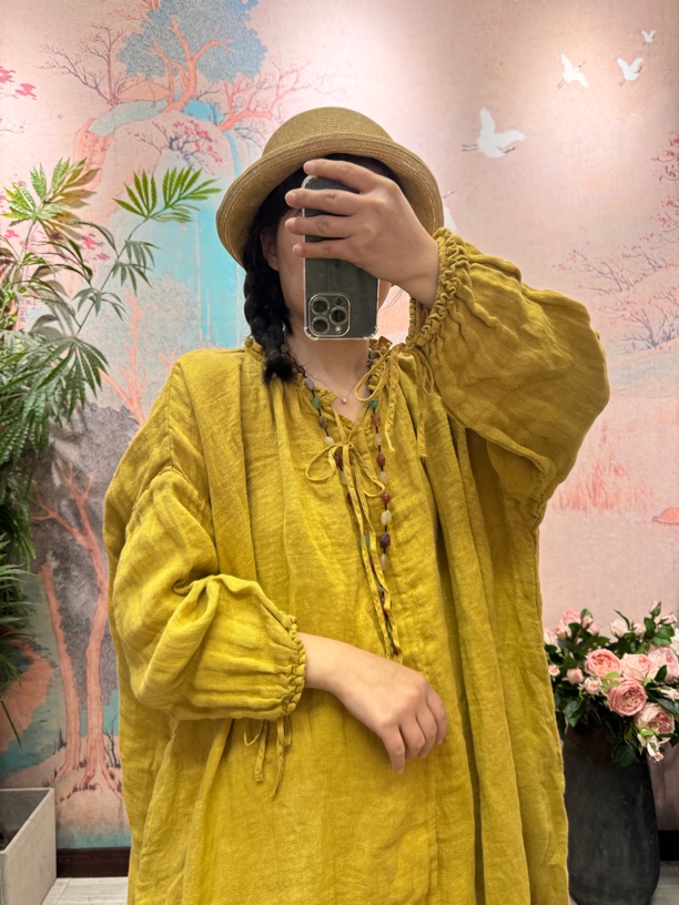 1939 唯美系带 女人味浪漫宽松木耳边大码连衣裙 宽松亚麻袍子