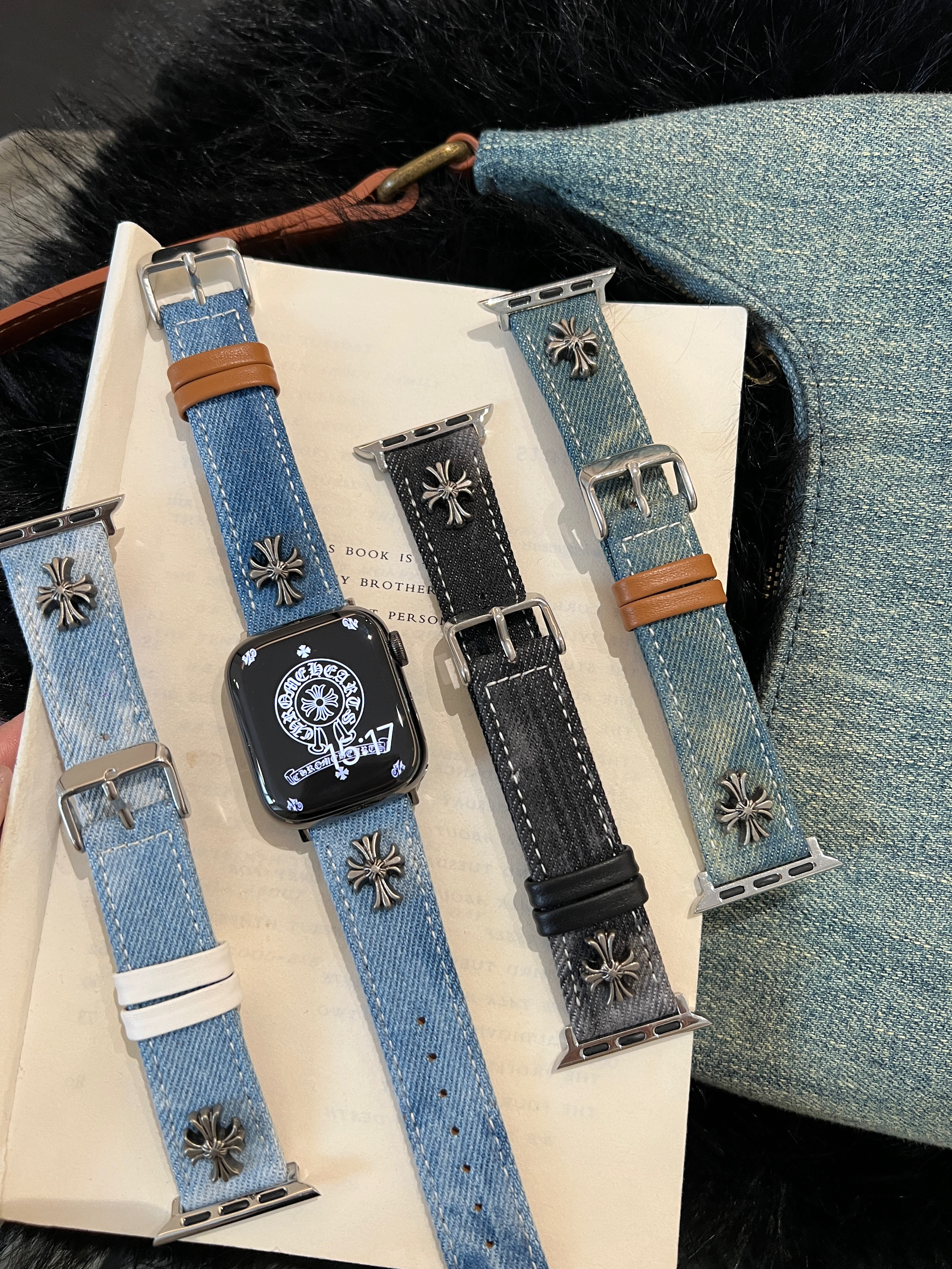 适用智能手表男生表带iwatch宽版克罗心扎染牛仔红米6vivogt2表带