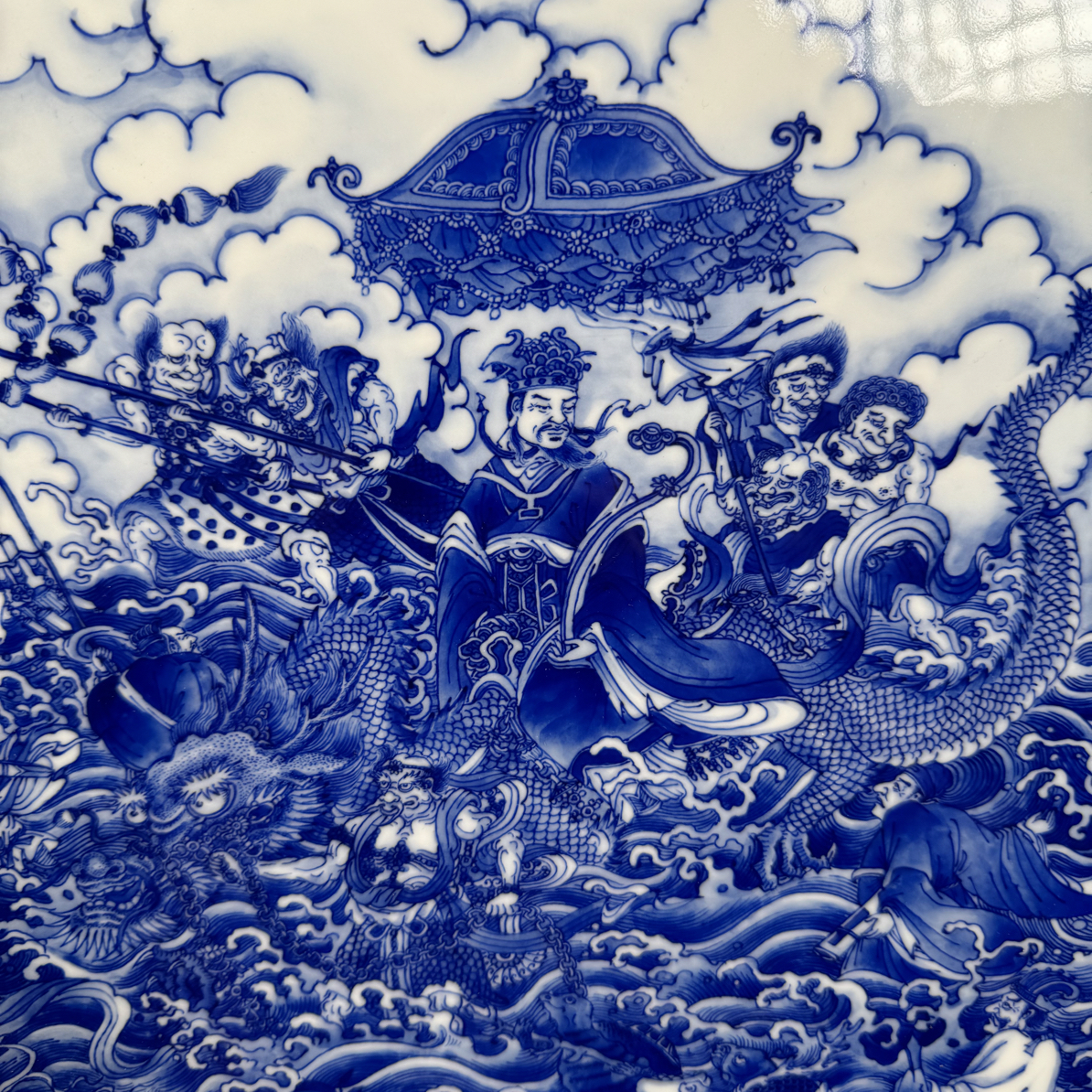 重工三官出巡图，青花人物瓷板画，景德镇陶瓷纯手绘