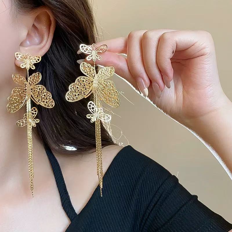 铜合金合成锆石耳饰 气质轻奢时尚百搭长款金枝玉叶耳环QC3493