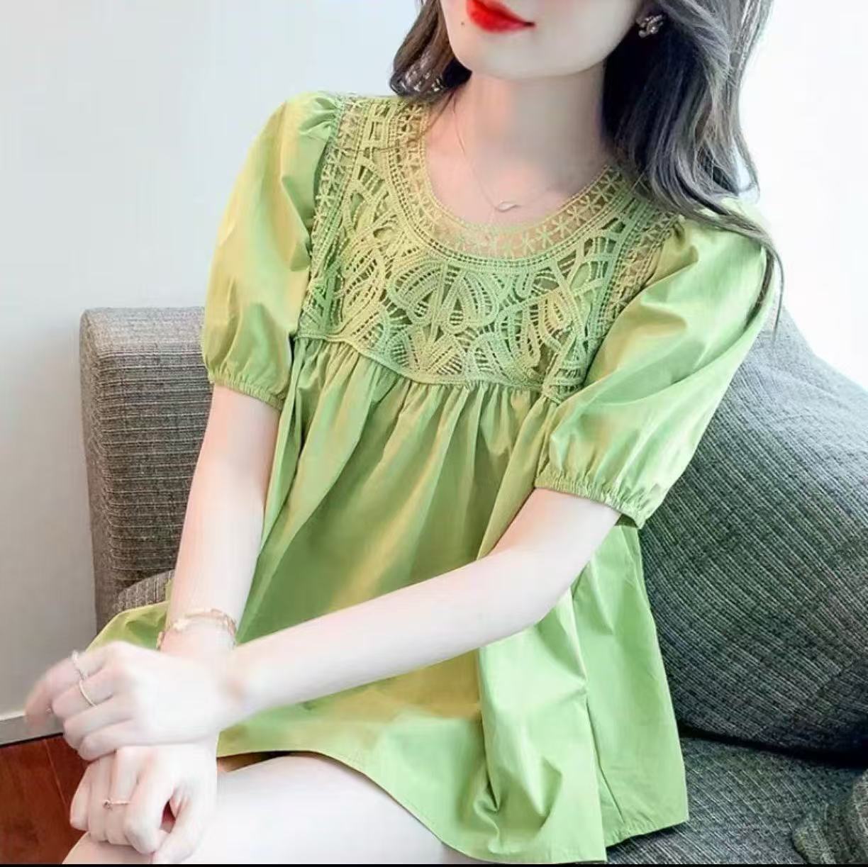 夏季大码胖mm气质圆领重工刺绣提花百搭显瘦短袖衬衫