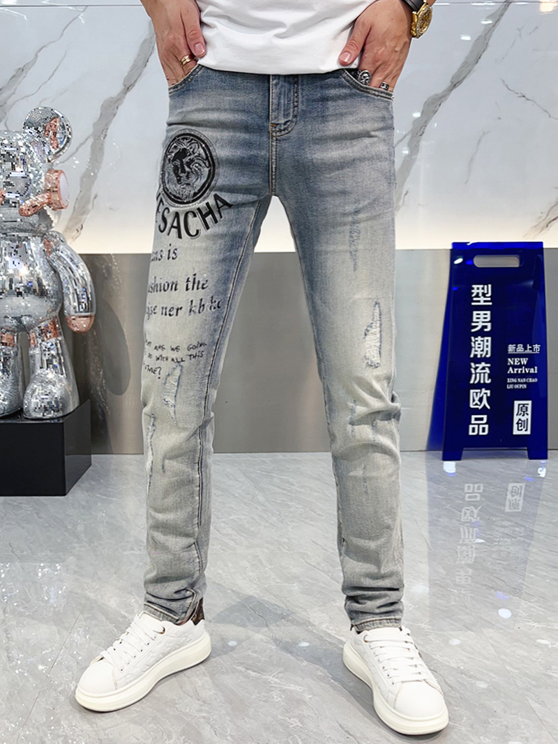 狮子烫钻印花牛仔裤男潮牌欧美时尚修身小脚休闲长裤子潮流