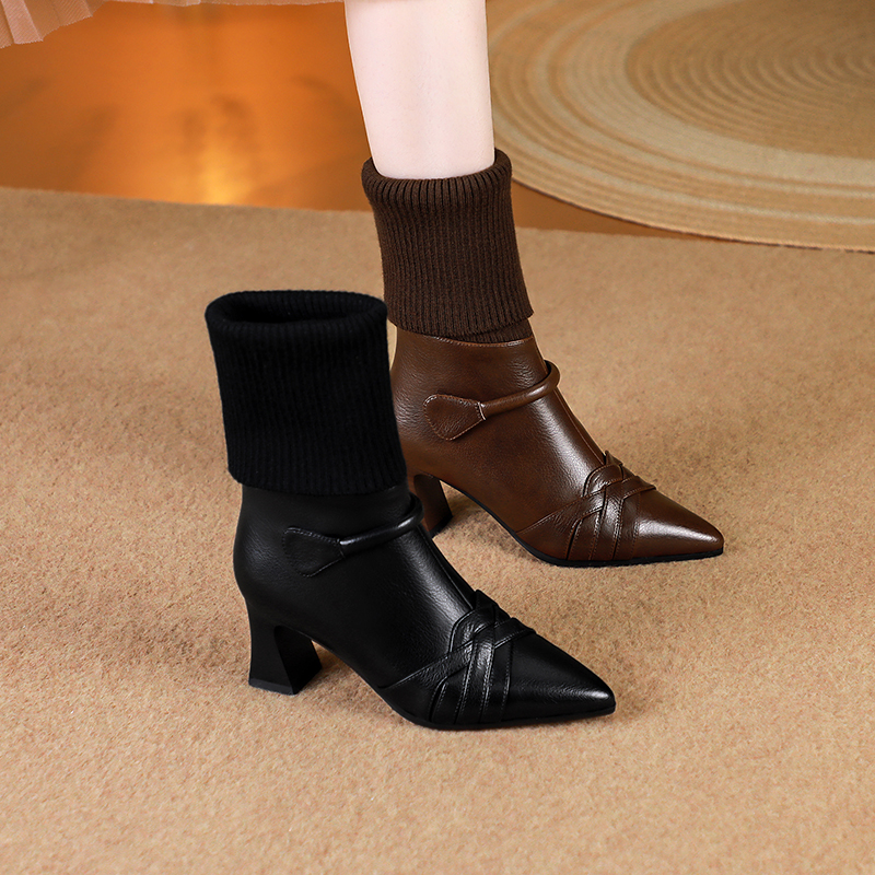 SLM/牛皮短靴/9944/34-42/高跟秋冬女靴手工真皮女鞋时尚粗跟尖头