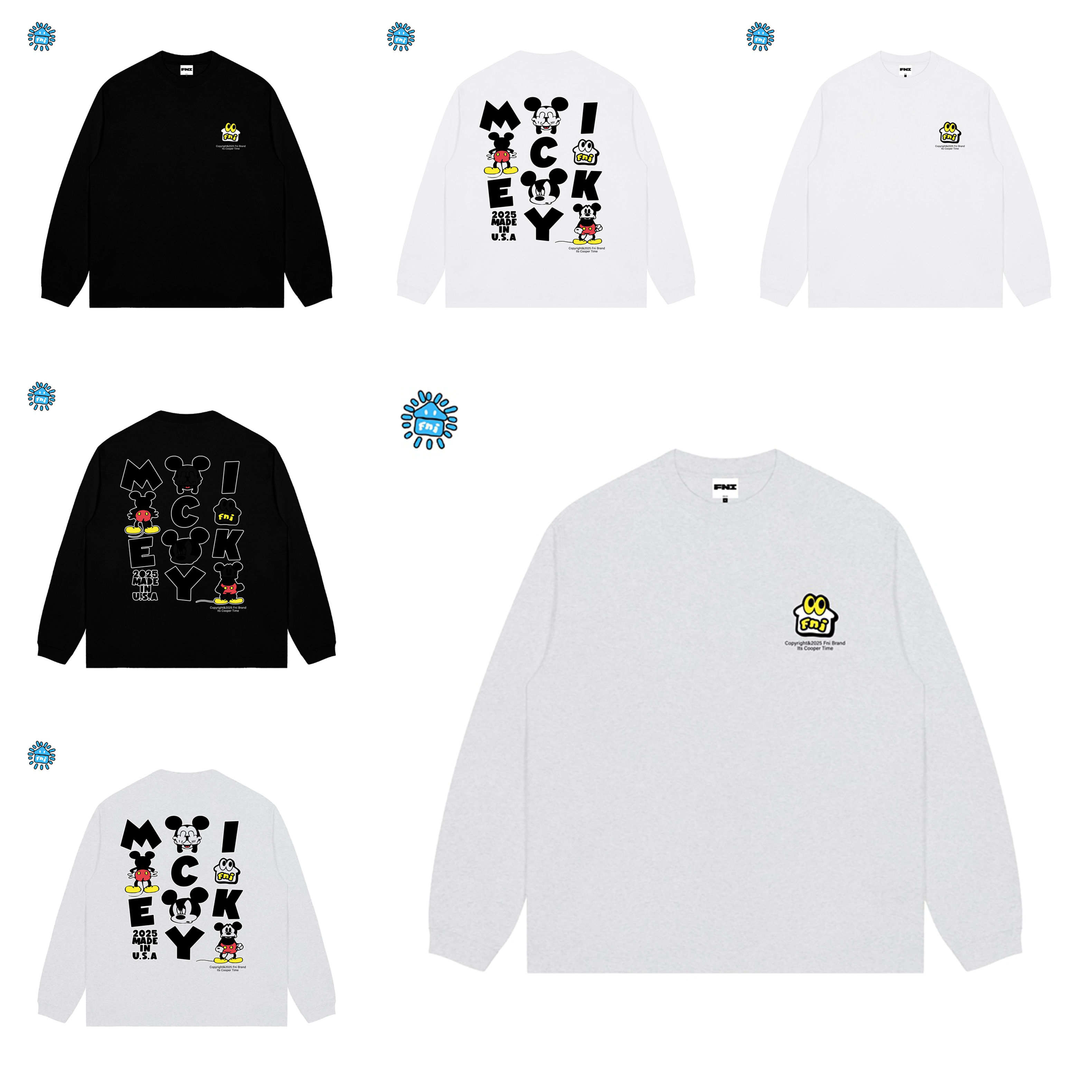 FNIcooper（MICKEY图集）趣味卡通重磅纯棉长袖男女情侣T秋宽松胶浆