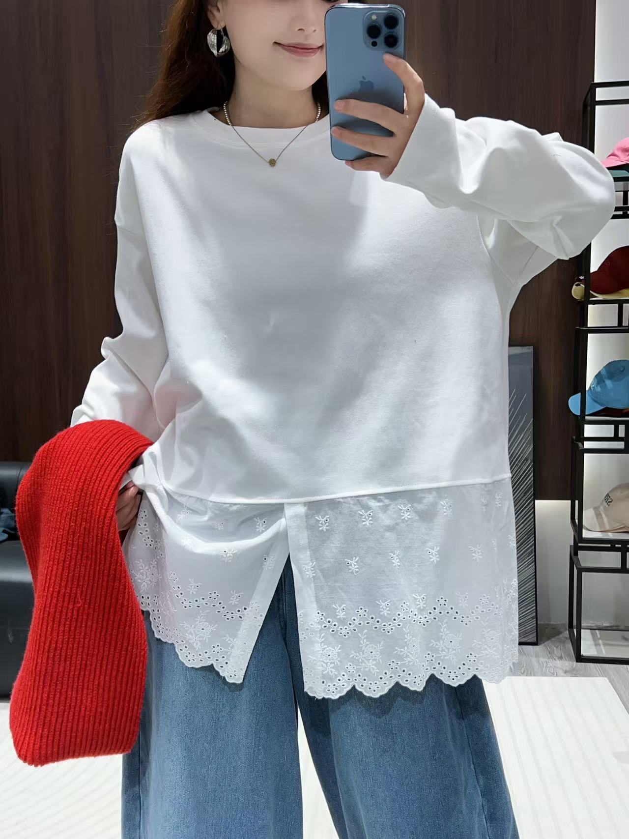 【蕾丝花边下摆开叉】秋冬新款韩版宽松蕾丝拼接加厚薄绒打底t恤女