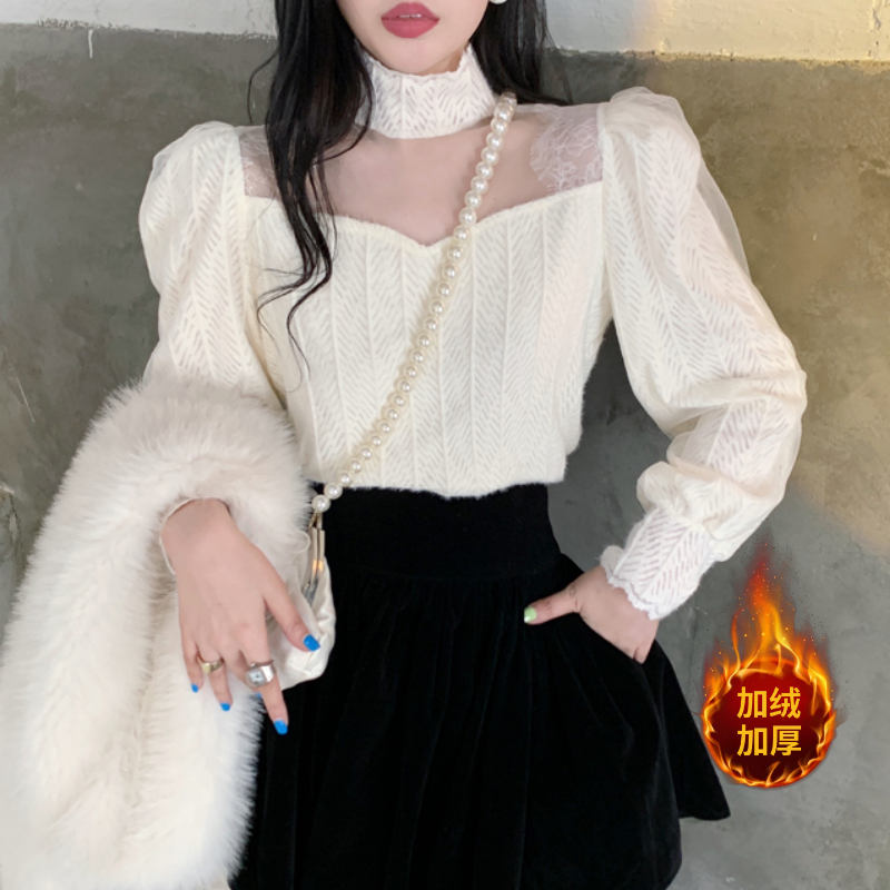 2025秋装女加绒甜美衬衫气质蕾丝拼接荷叶边衬衫法式系带长袖上衣
