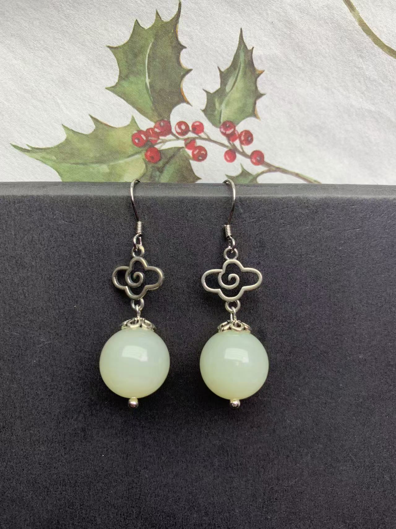 天然和田玉耳饰高端圆珠S925纯银耳环经典耳坠复古新中式F15