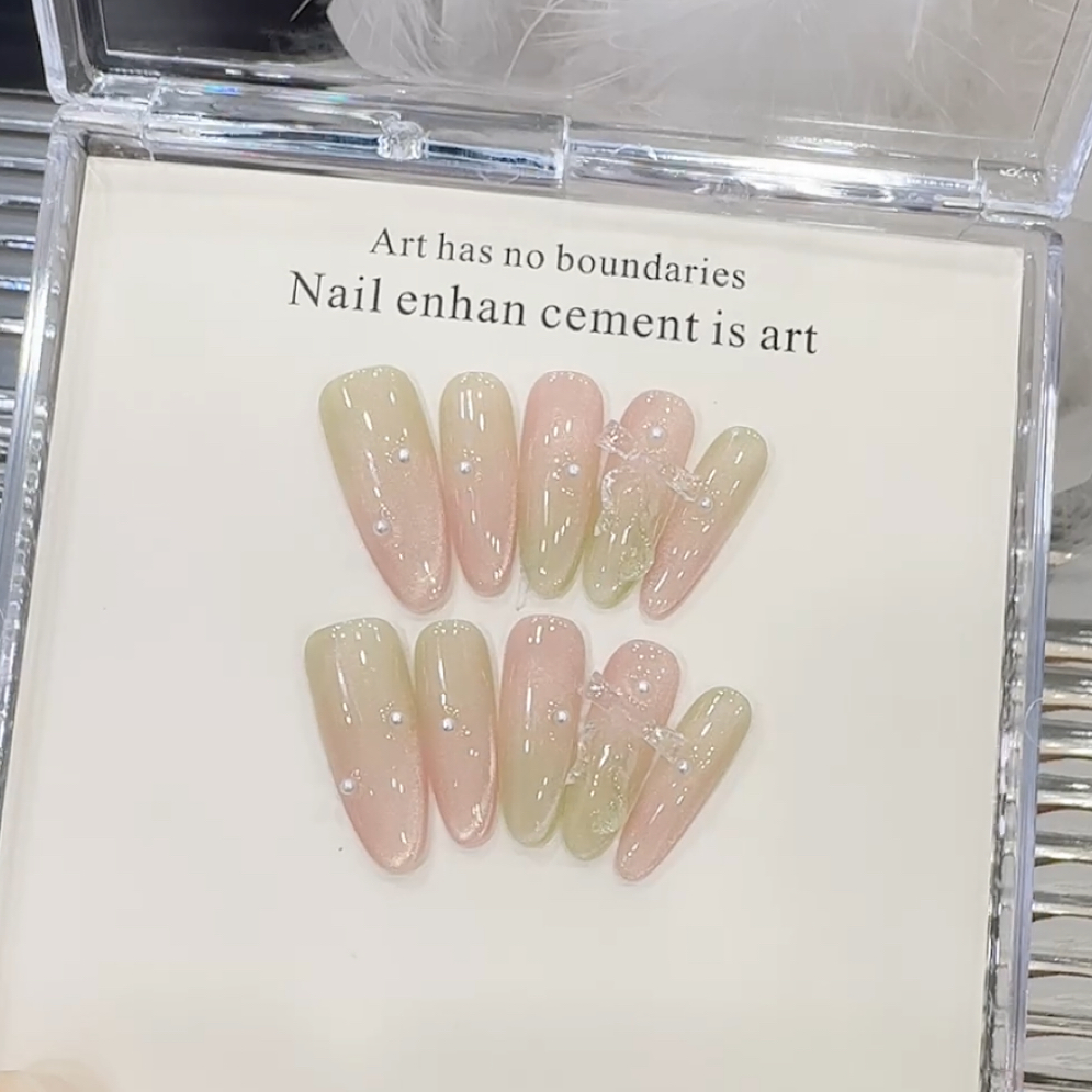 【蜜桃青柠】纯手工美甲穿戴甲片纯欲仙女风双侧光猫眼显白温柔