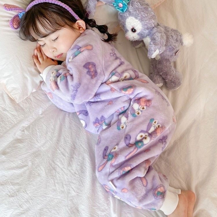 儿童珊瑚绒连体睡衣秋冬款加厚加绒宝宝睡袋冬季女童法兰绒衣CP④