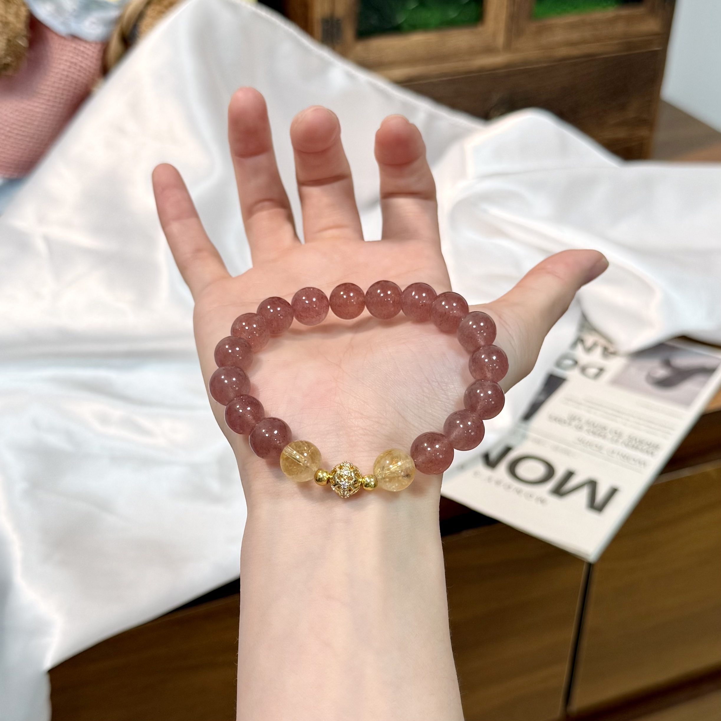 【金玫瑰】10mm草莓晶+黄塔晶 招财暴富手链手串原创设计天然水晶