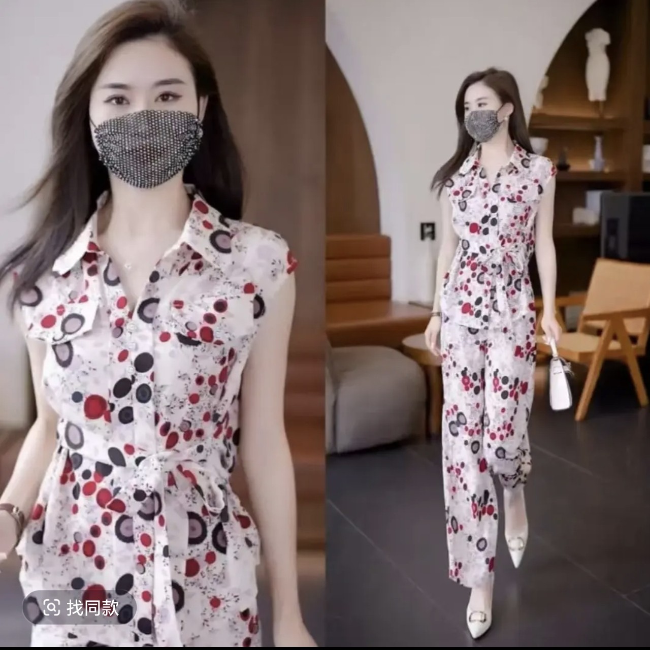 6825春夏新款时尚气质套装高腰女神范装春季碎花减龄