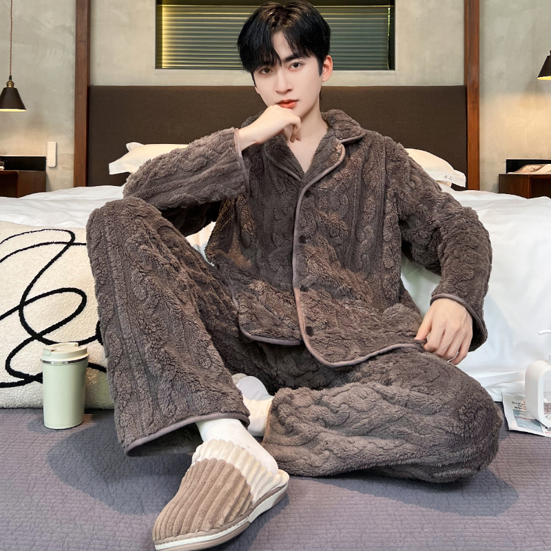 情侣冬季珊瑚绒加厚加绒睡衣新款保暖加大码长毛绒家居服可外穿