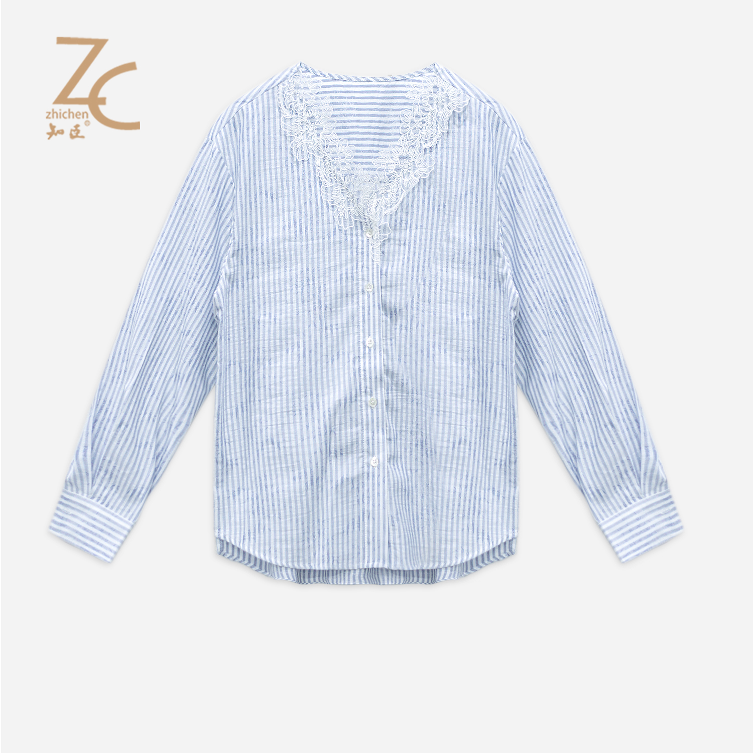 知臣秋季新品 韩系蕾丝拼接浅色系宽松条纹衬衫女 T25833068