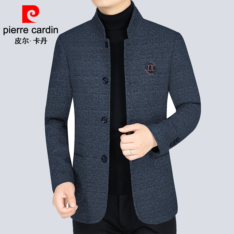 皮尔卡丹高档商务休闲毛呢男士夹克外套立领春秋款上衣中年爸爸装