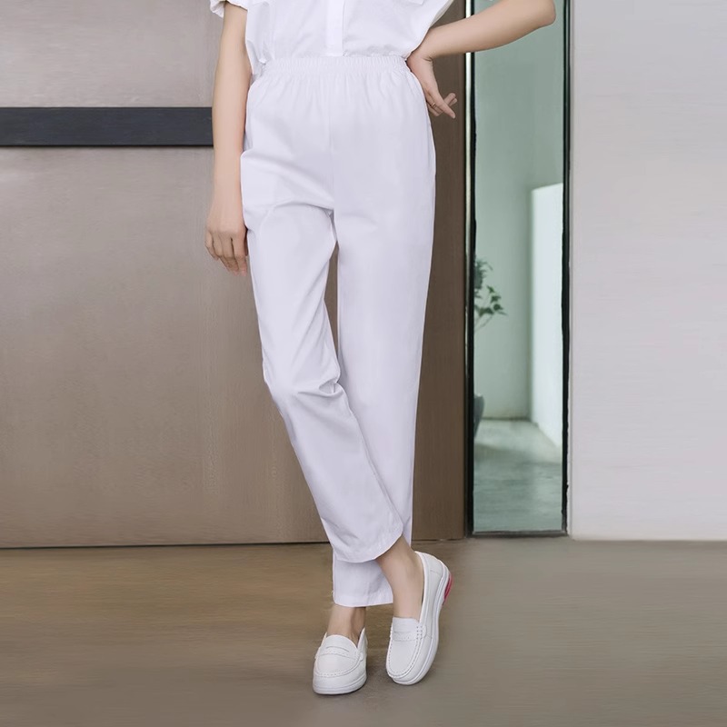 护士裤薄款夏透气女白裤子松紧腰医生工作裤宽松直筒大码医生裤子